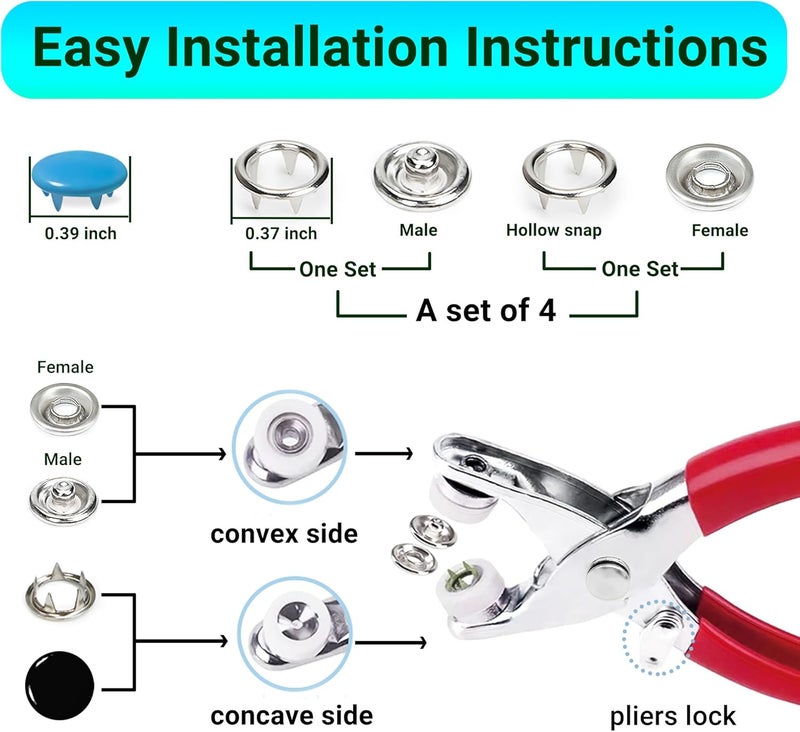 PIGORY 803Pcs Metal Snaps for Fabric, 10 Colors Solid Sewing Snaps with Fastener Pliers Press Tool Kit, 9.5mm Snap Button Kits for DIY Crafting Clothing - Image 3